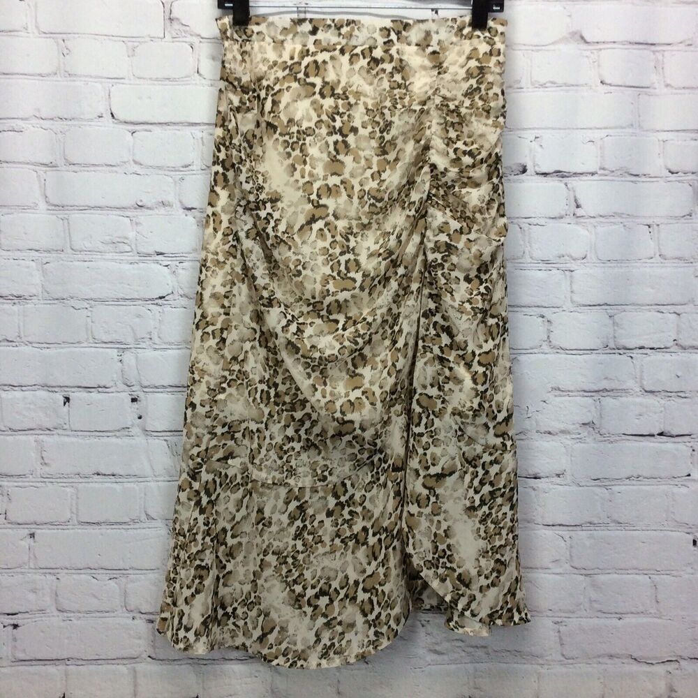P Cill Midi Skirt Women's Size M Brown/Cream/Black Animal Print Ruching Lined